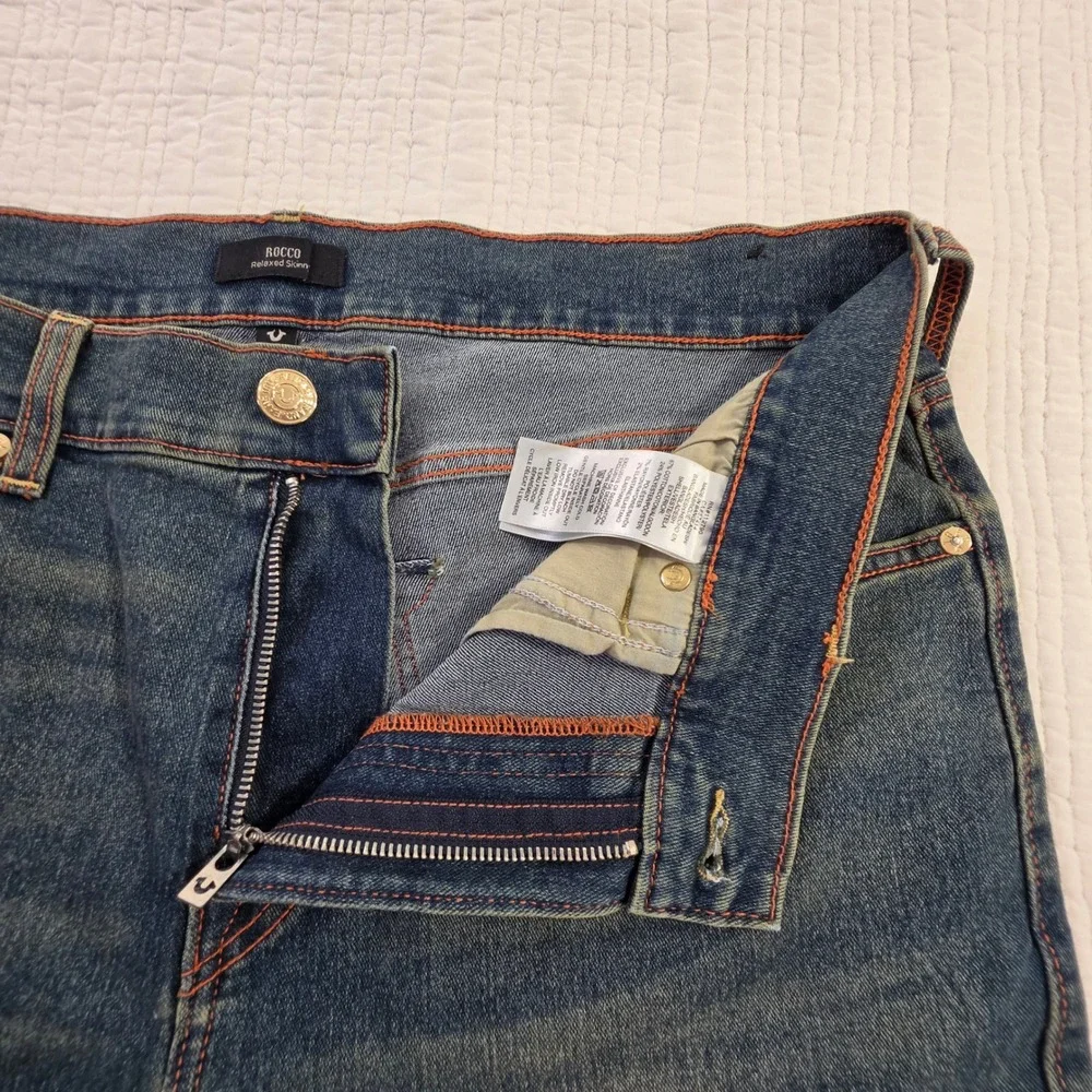 True Religion Rocco Relaxed Skinny Jeans Mens 36x32 Blue Dark Wash Stretch Demin